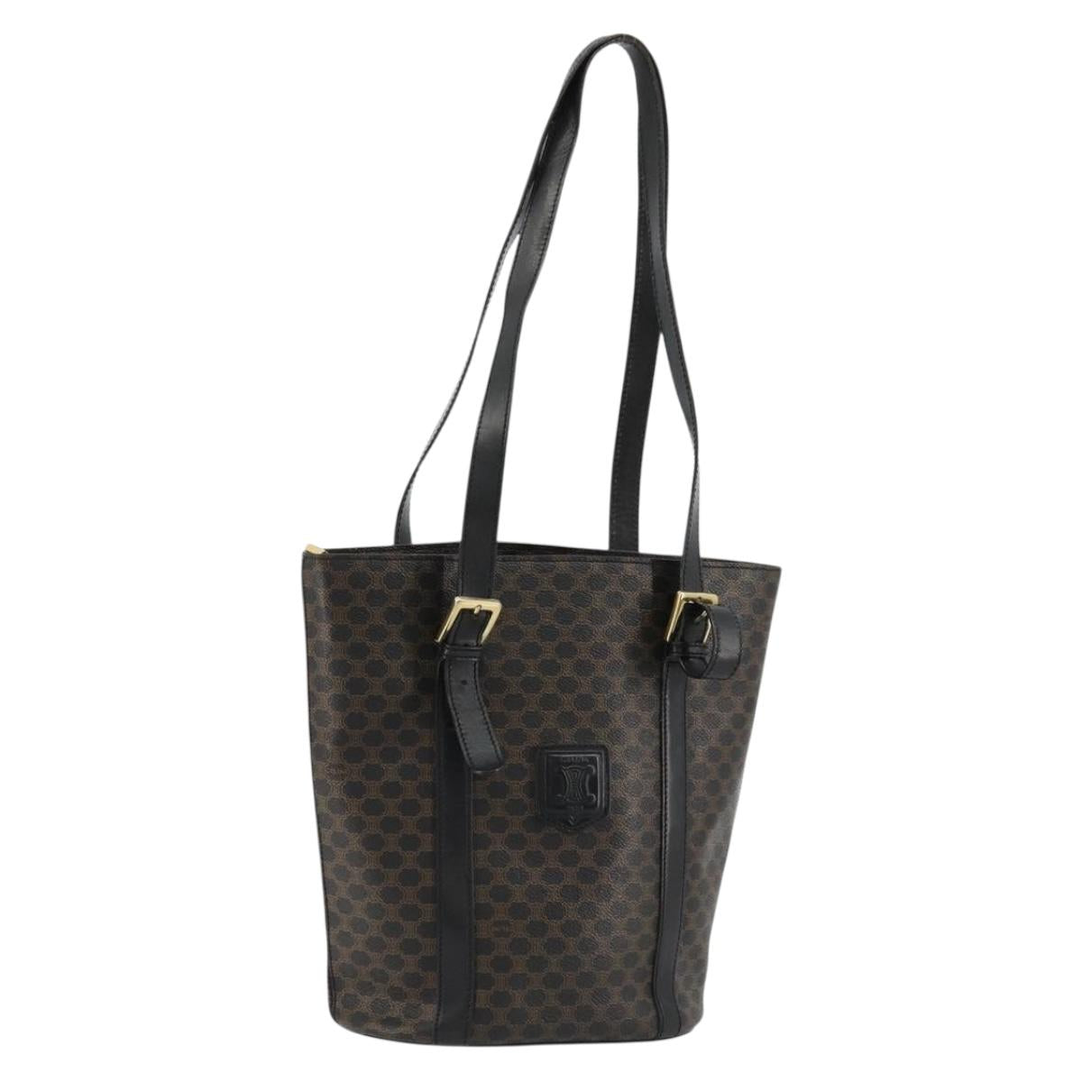 CELINE Macadam Canvas Tote Bag PVC Leather Black Gold Auth 179349
