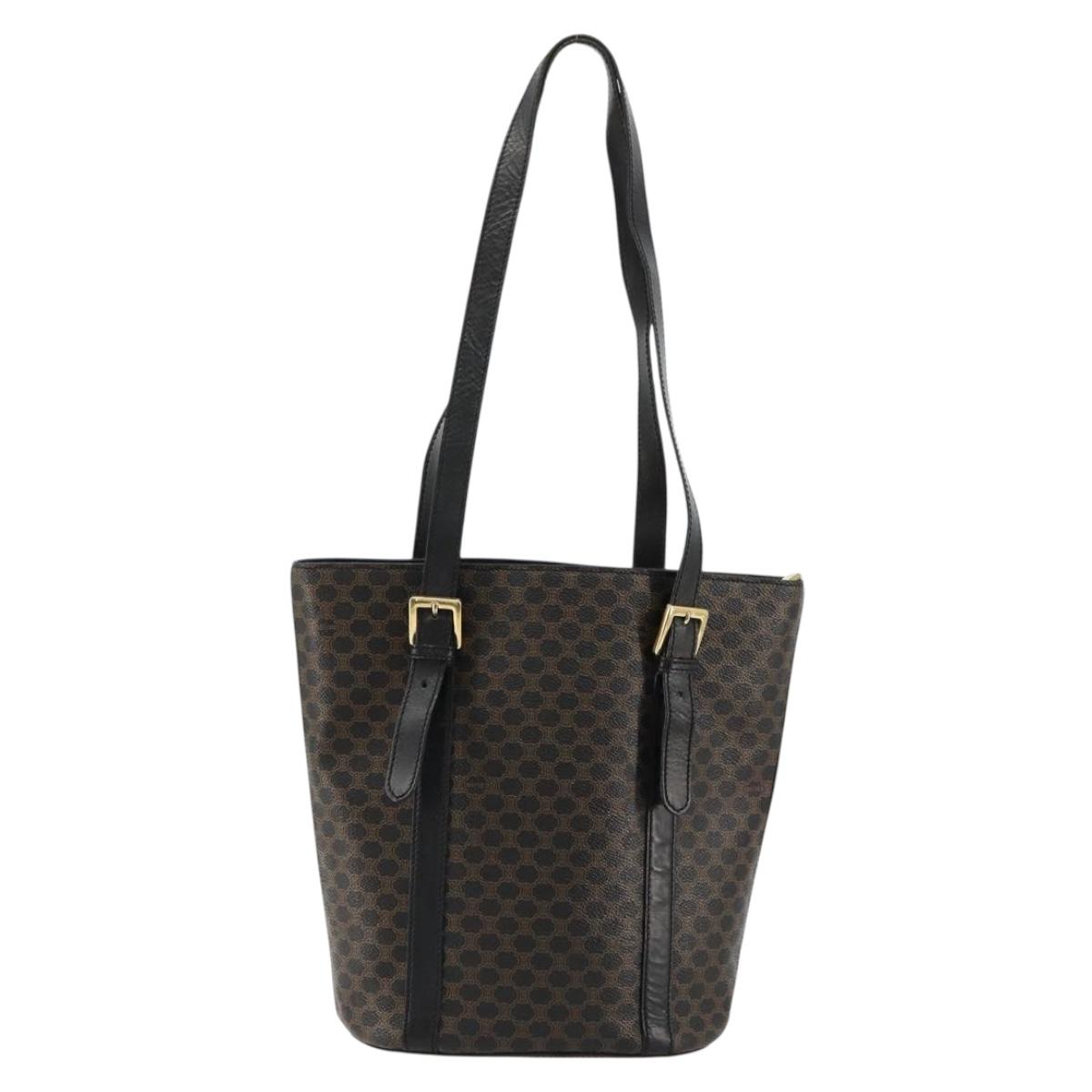 CELINE Macadam Canvas Tote Bag PVC Leather Black Gold Auth 179349