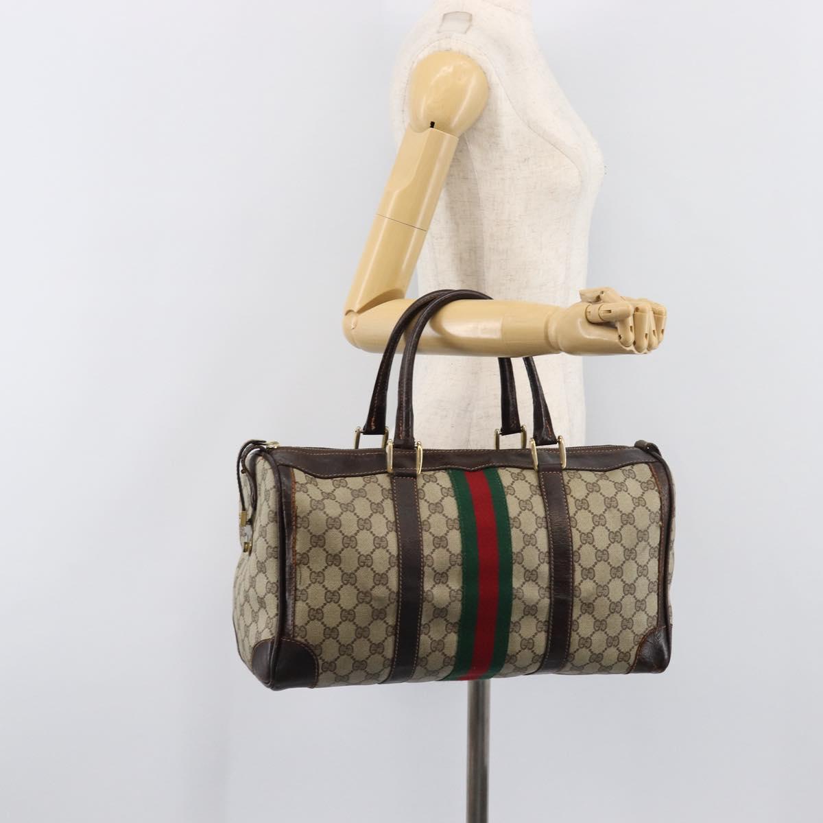 GUCCI GG Supreme Web Sherry Line Hand Bag PVC Beige Gold Auth 179372