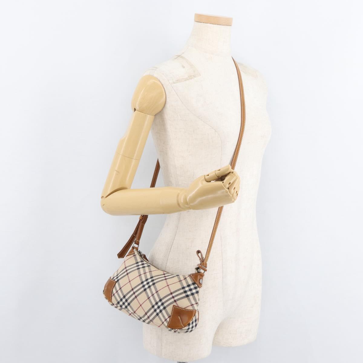 BURBERRY Nova Check Blue Label Shoulder Bag Canvas Beige Silver Auth 179380A