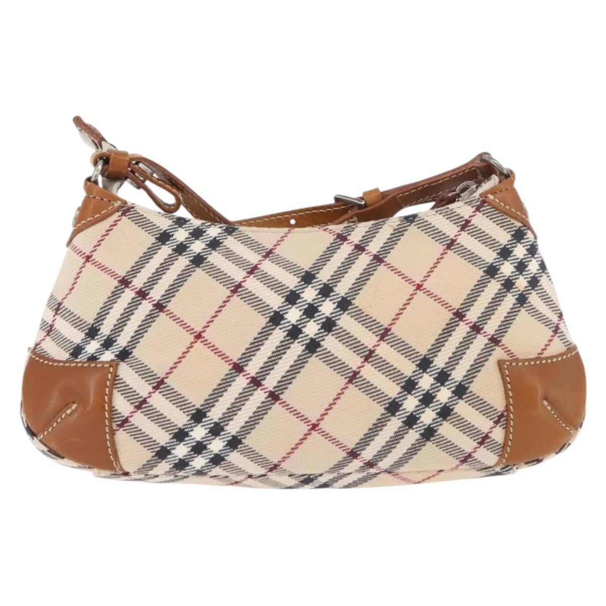 BURBERRY Nova Check Blue Label Shoulder Bag Canvas Beige Silver Auth 179380A