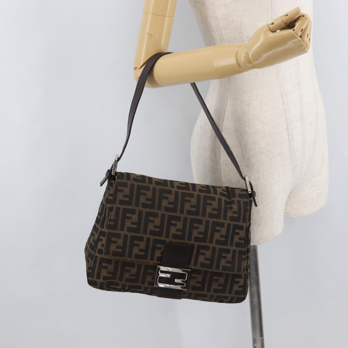 FENDI Zucca Canvas Mamma Baguette Shoulder Bag Black Brown Auth 179387V