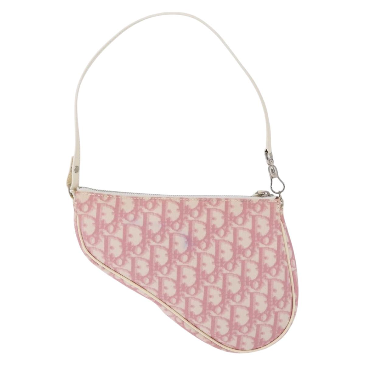 Christian Dior Trotter Canvas Saddle Pouch PVC Pink Silver Auth 179401A