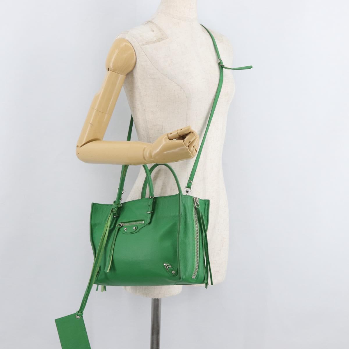 BALENCIAGA The Paper Tote Bag Leather 2way Green Silver 370926 Auth 179403A