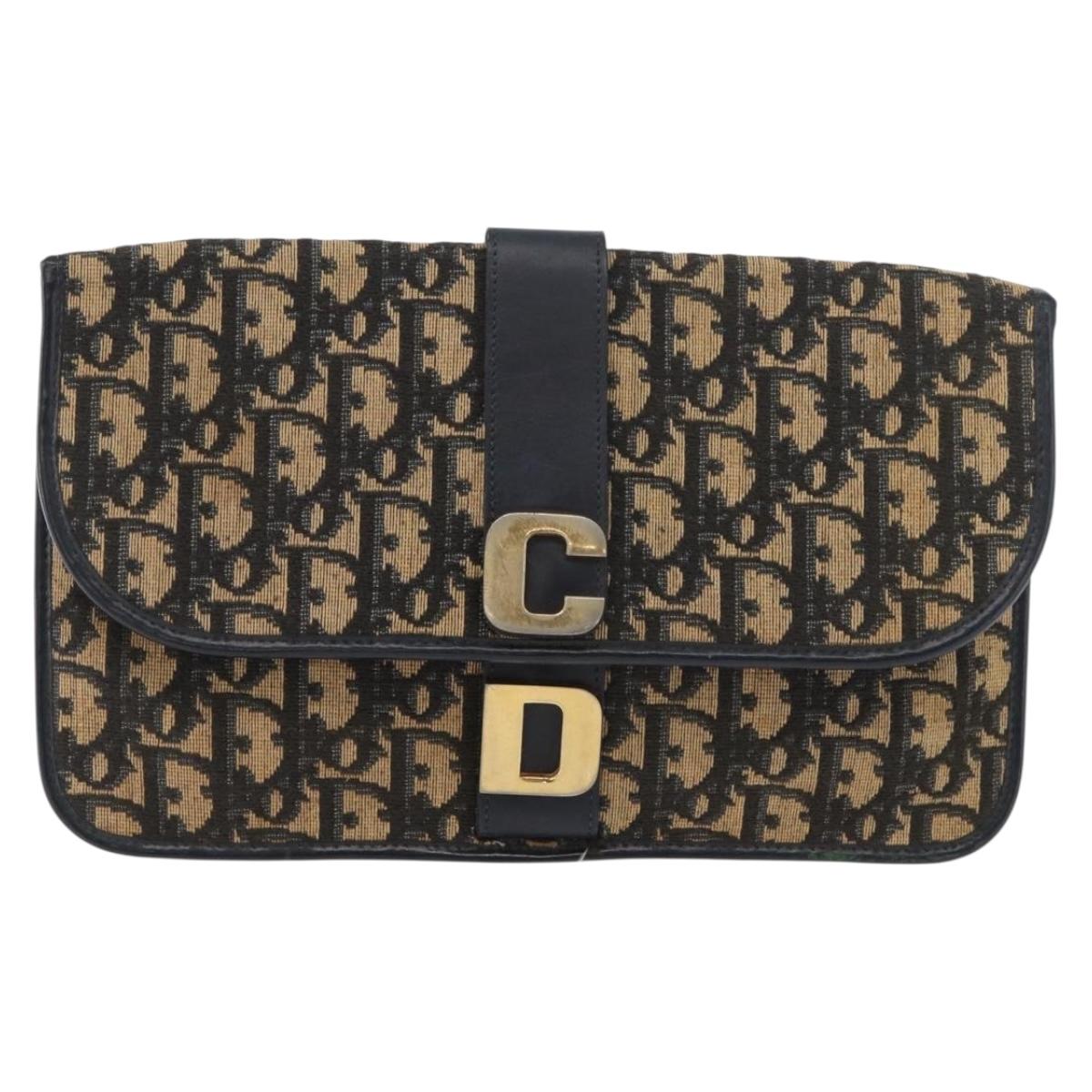 Christian Dior Trotter Canvas Clutch Bag Navy Gold Auth 179422