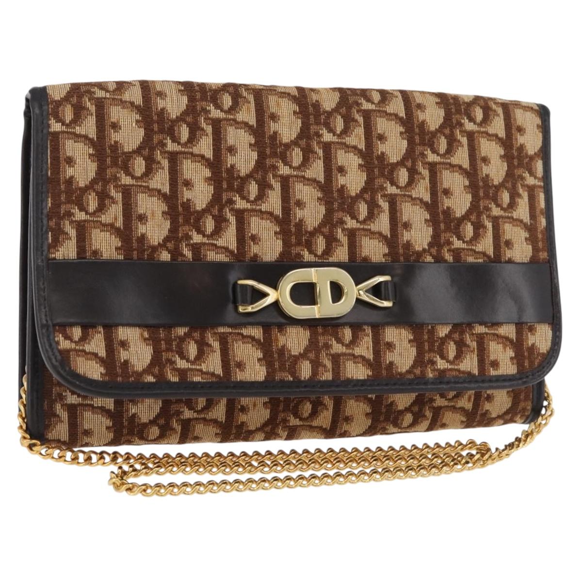 Christian Dior Trotter Canvas Chain Shoulder Bag Brown Gold Auth 179423