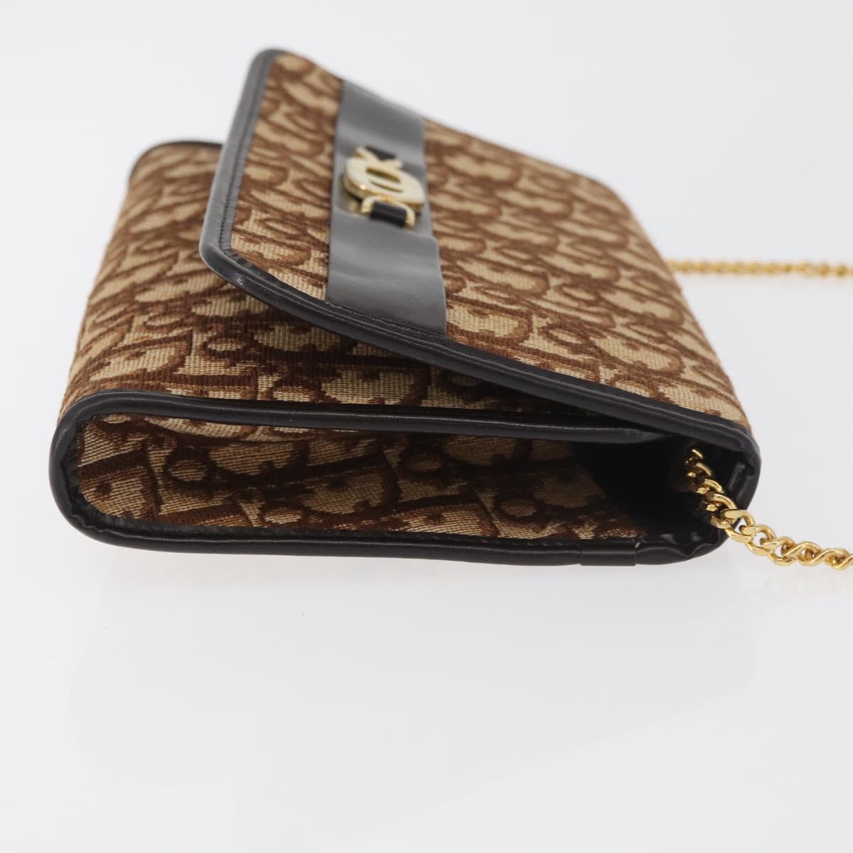 Christian Dior Trotter Canvas Chain Shoulder Bag Brown Gold Auth 179423