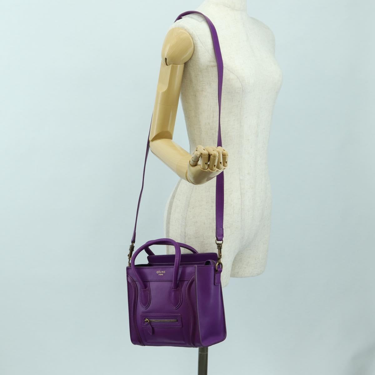 CELINE Luggage Micro Shopper Hand Bag Leather 2way Purple Gold Auth 179426SAV