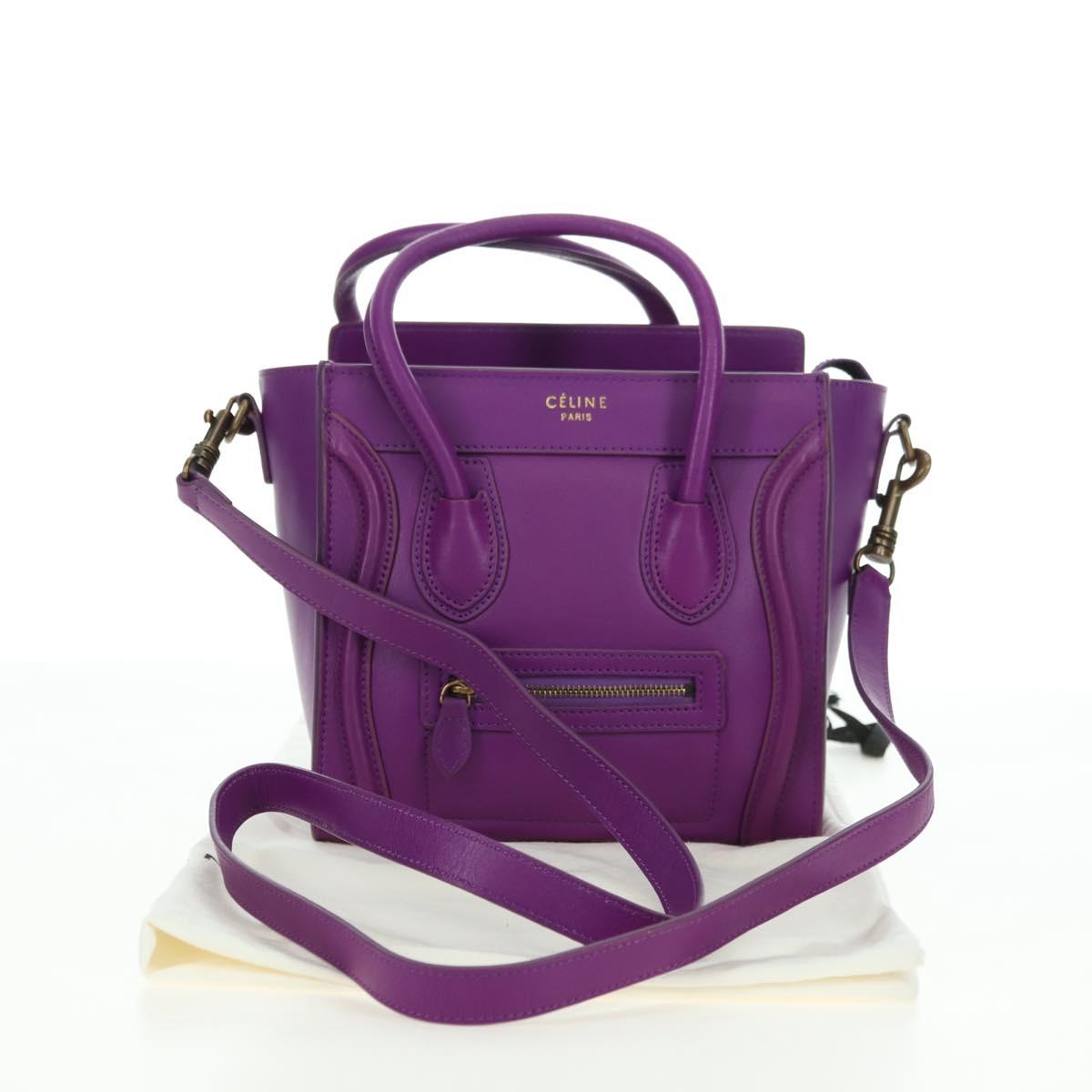 CELINE Luggage Micro Shopper Hand Bag Leather 2way Purple Gold Auth 179426SAV
