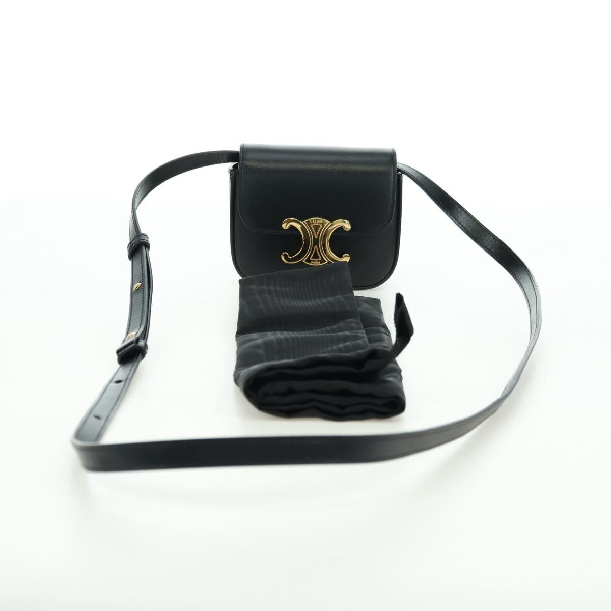 CELINE Triomphe Shoulder Bag Leather Black Gold Auth 179440SAM