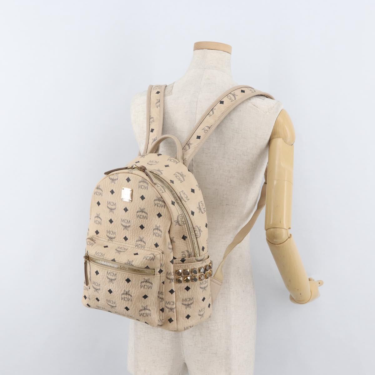 MCM Vicetos Logogram Backpack PVC Leather Ivory Gold Auth 179462