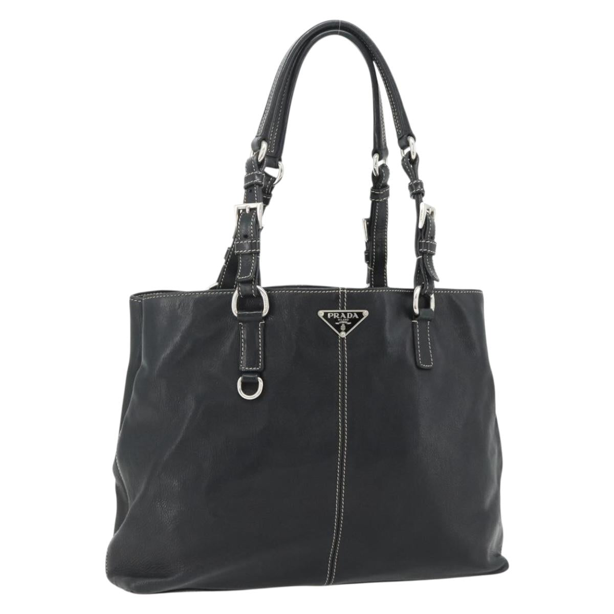 PRADA Tote Bag Leather Black Silver Auth 179472A
