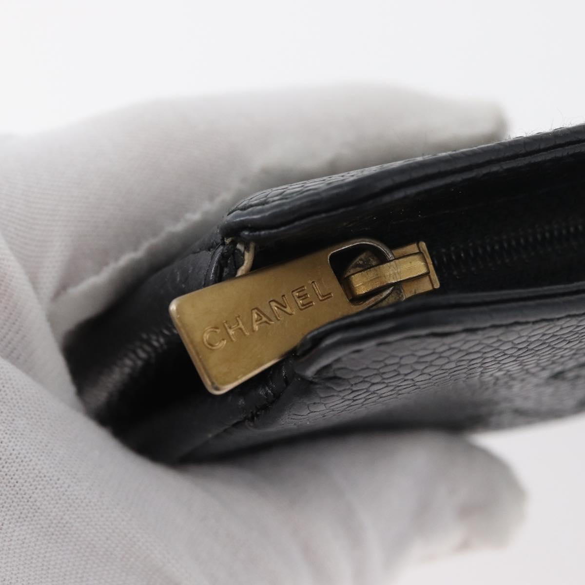 CHANEL Coin Purse Caviar Skin Black Gold CC Auth 179496A