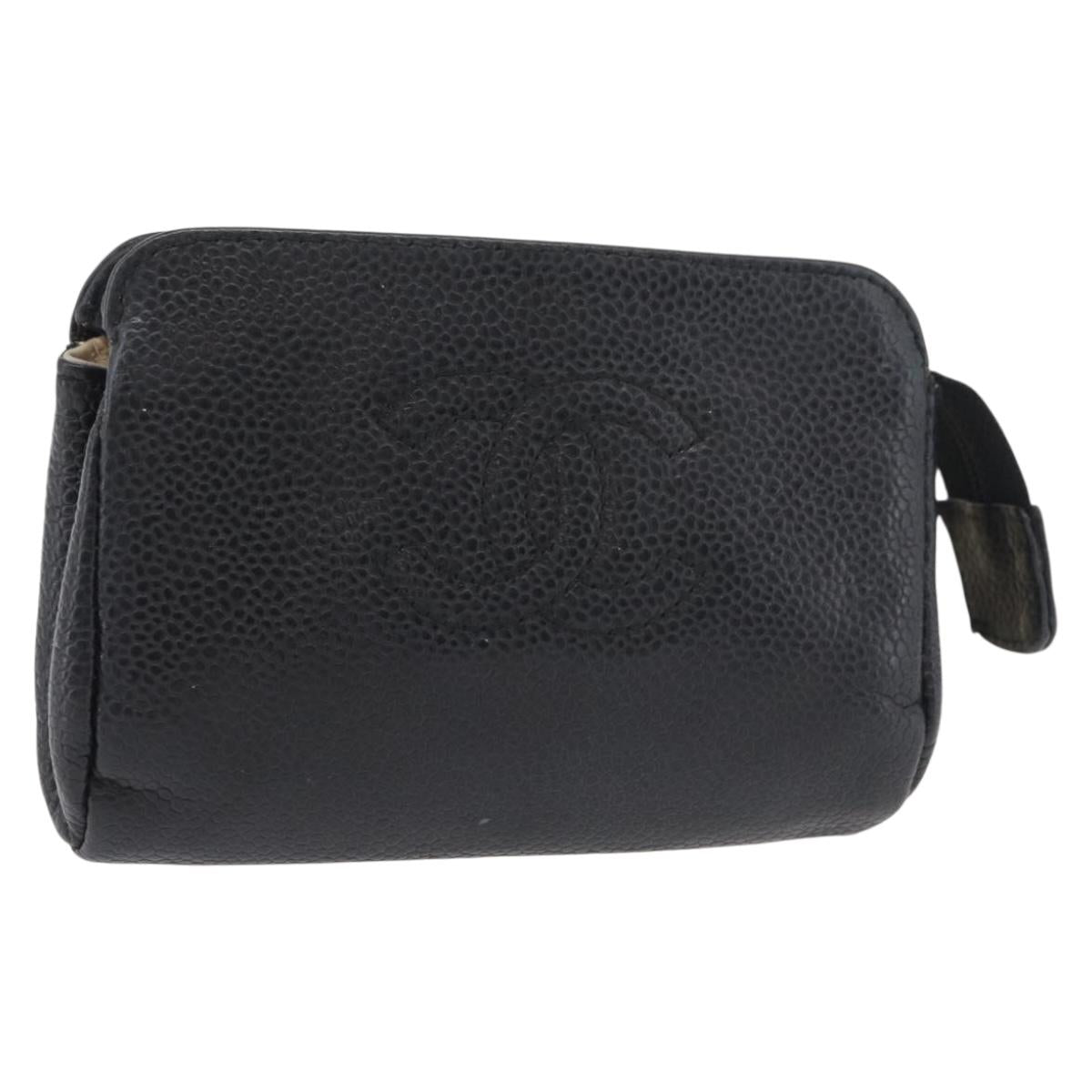 CHANEL Coin Purse Caviar Skin Black Gold CC Auth 179496A