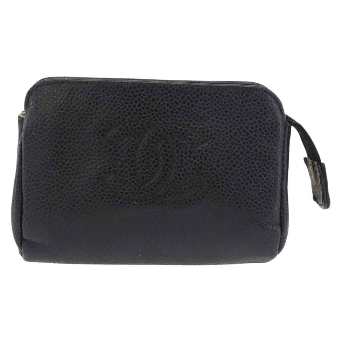 CHANEL Coin Purse Caviar Skin Black Gold CC Auth 179496A