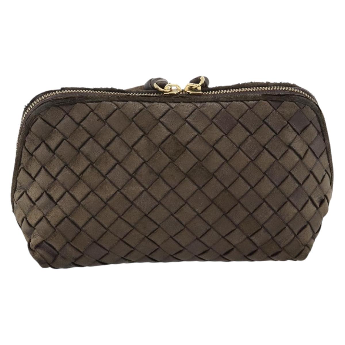 BOTTEGA VENETA INTRECCIATO Pouch Leather Brown Gold Auth 179520