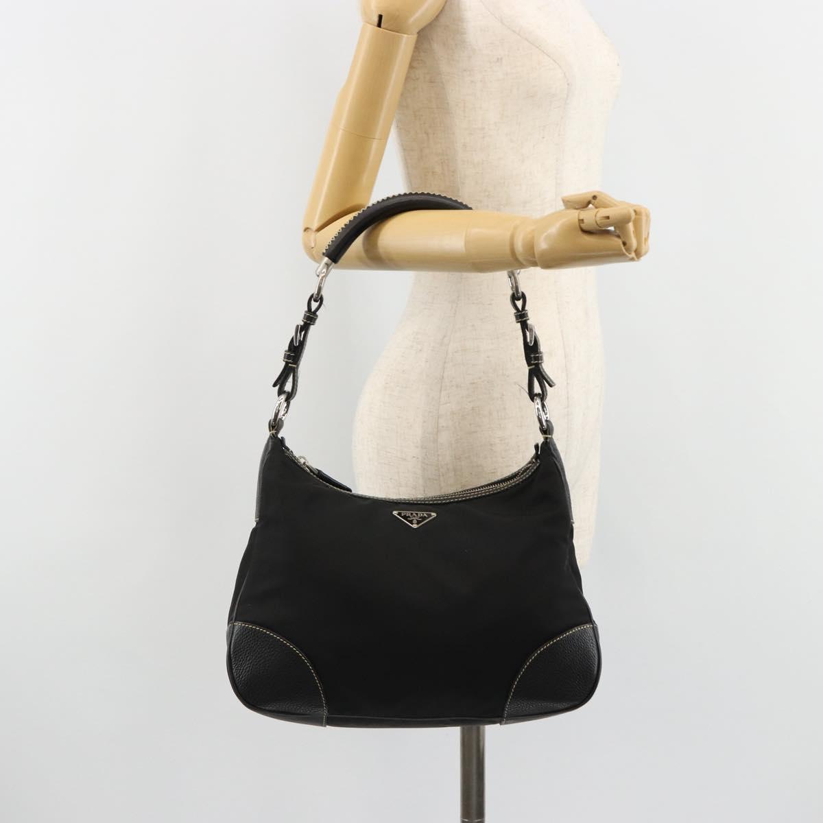 PRADA Shoulder Bag Nylon Leather Black Silver Auth 179529A