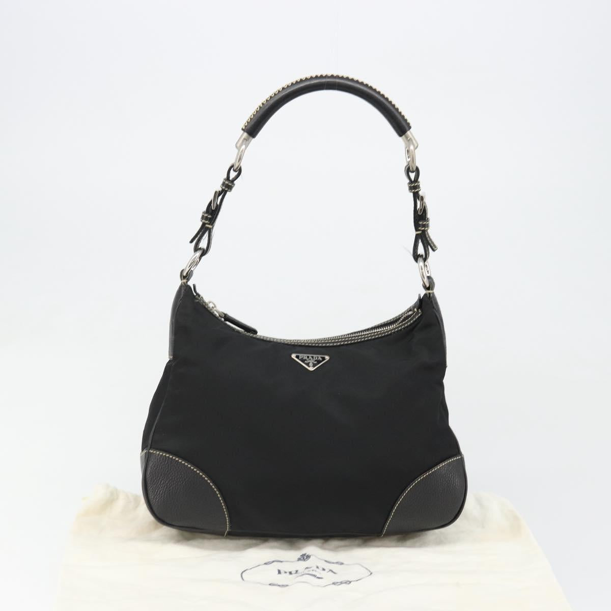 PRADA Shoulder Bag Nylon Leather Black Silver Auth 179529A