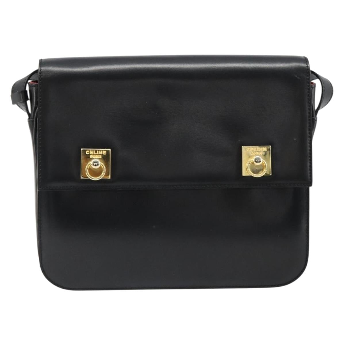 CELINE Shoulder Bag Leather Black Gold Auth 179534A