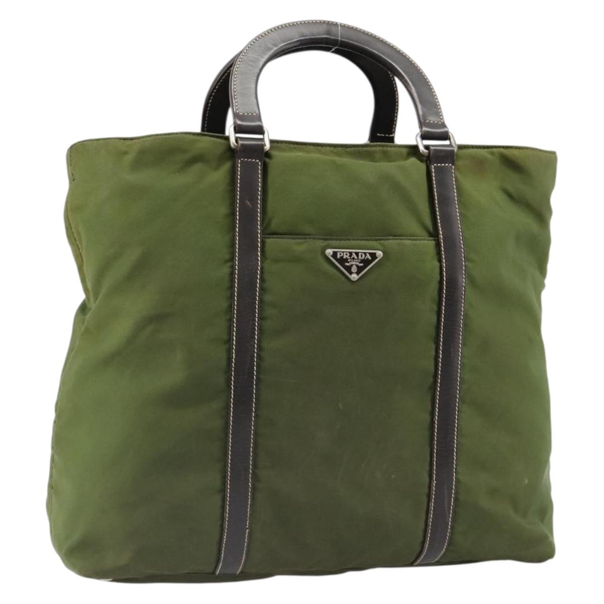 PRADA Hand Bag Nylon Khaki Silver Auth 179546