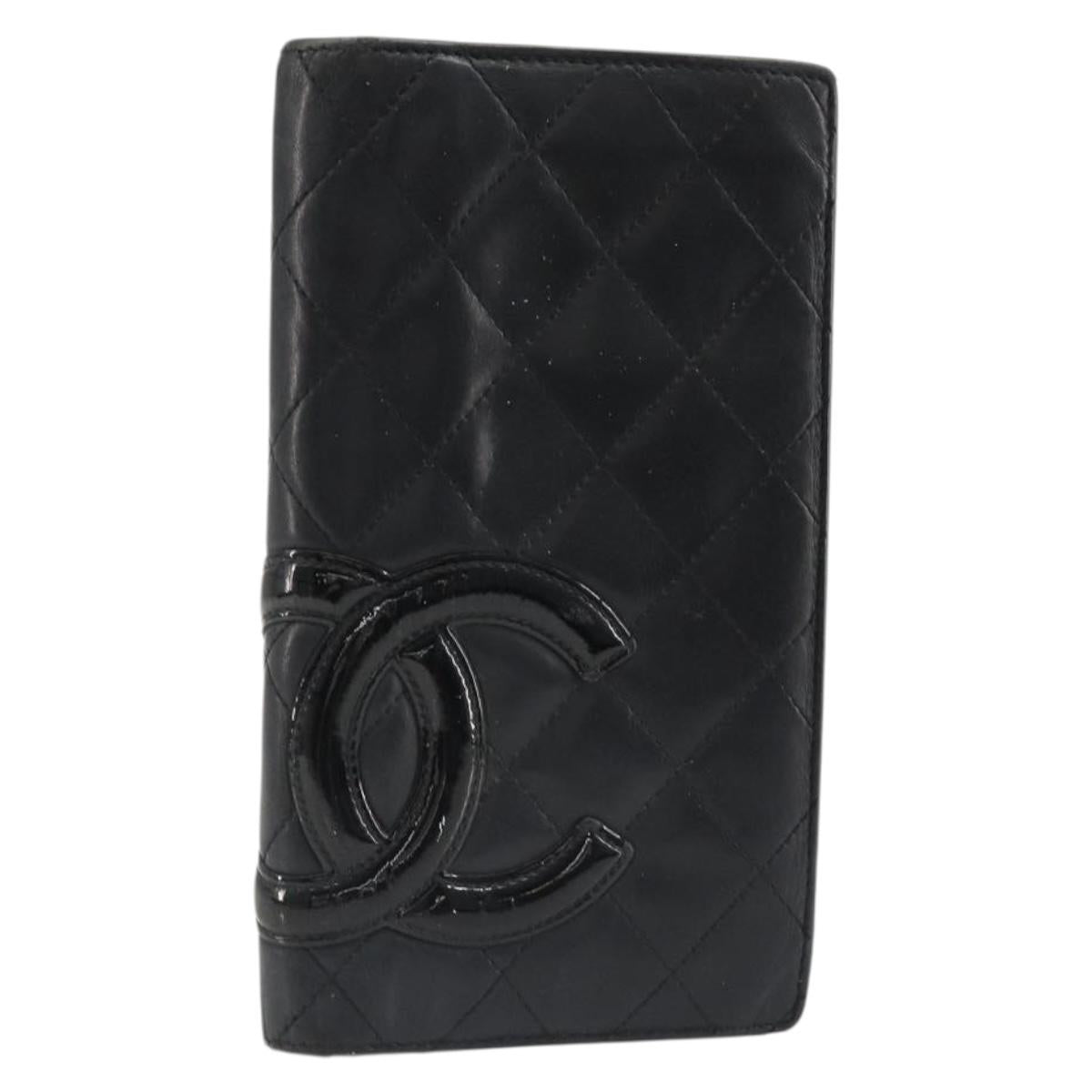 CHANEL Cambon Line Wallet Lamb Skin Black CC Auth 179550