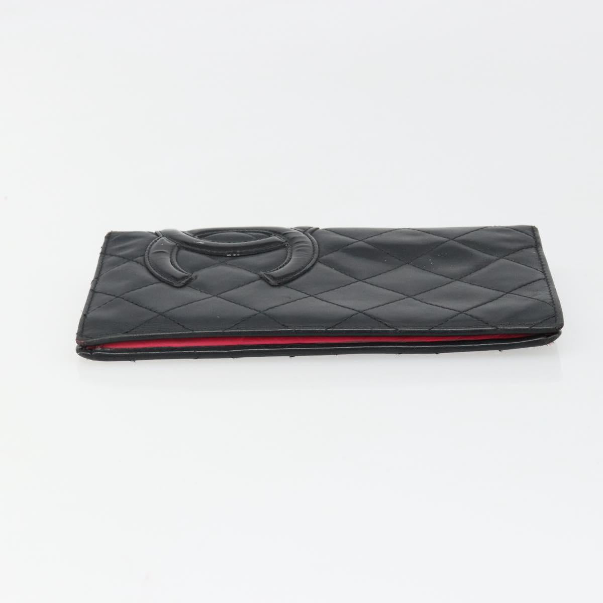 CHANEL Cambon Line Wallet Lamb Skin Black CC Auth 179550