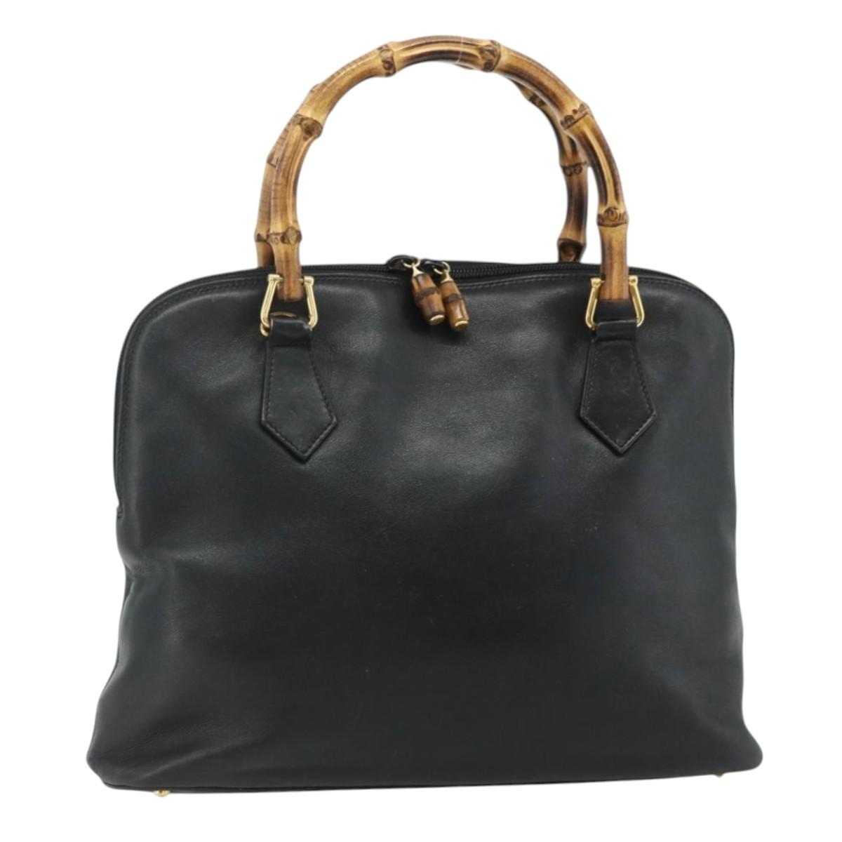 GUCCI Bamboo Hand Bag Leather Black Gold 000 3780 0289 Auth 179579
