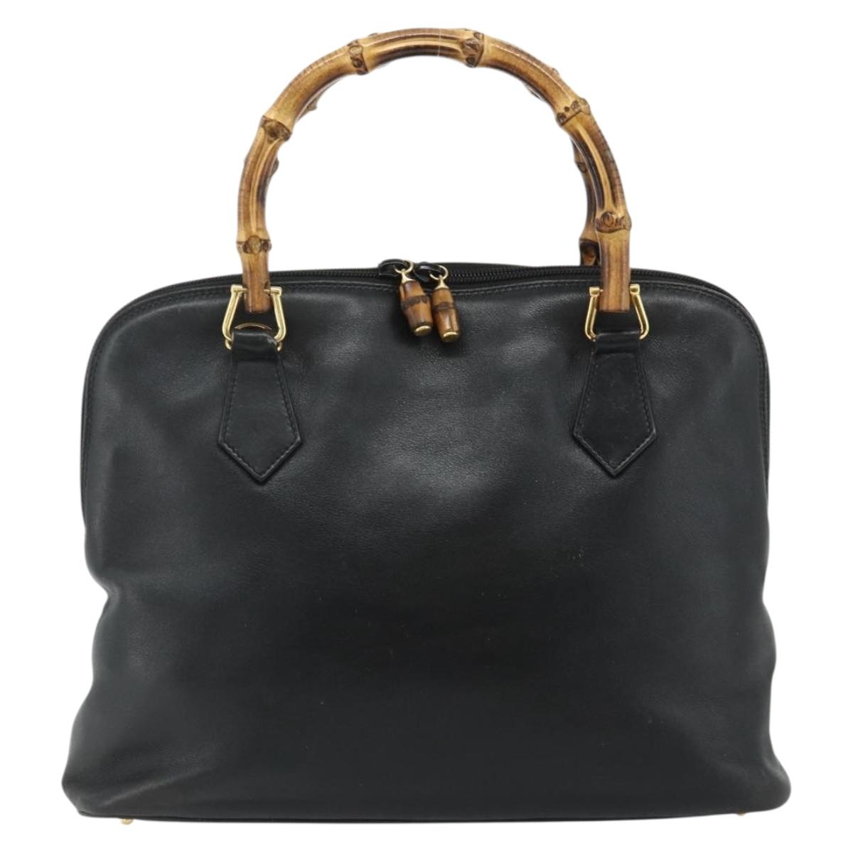 GUCCI Bamboo Hand Bag Leather Black Gold 000 3780 0289 Auth 179579