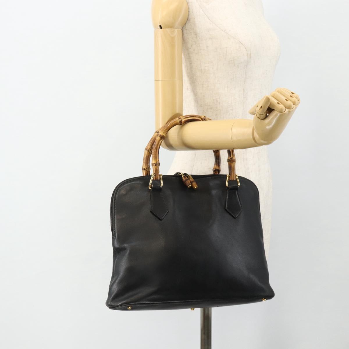 GUCCI Bamboo Hand Bag Leather Black Gold 000 3780 0289 Auth 179579