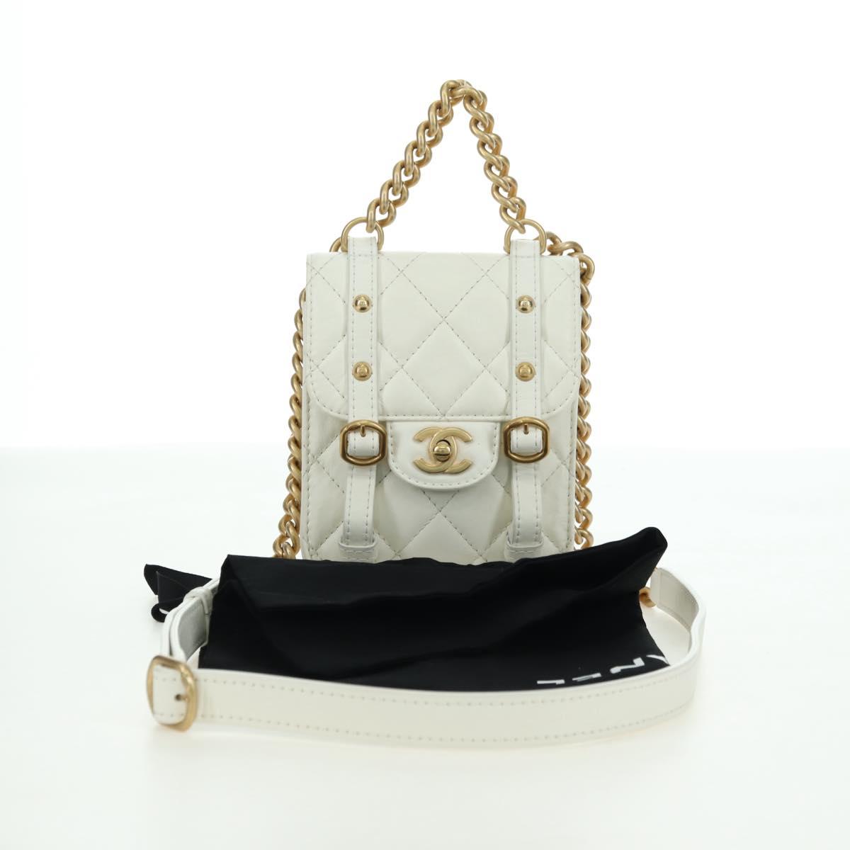 CHANEL Matelasse Chain Shoulder Bag Leather 2way White Gold CC Auth 179581SAM