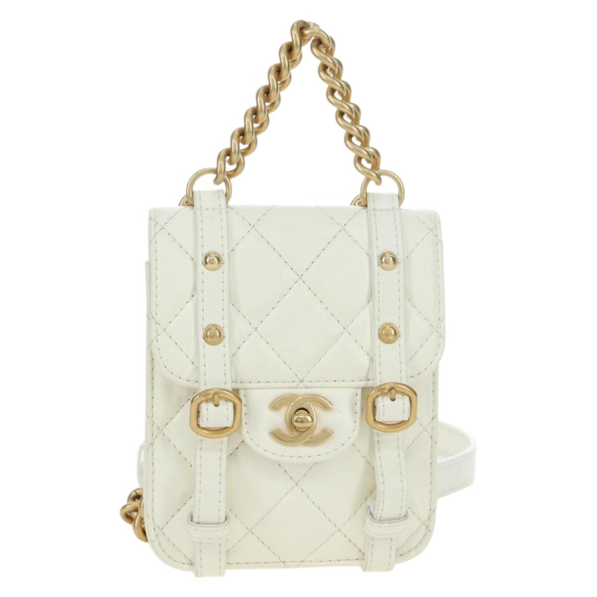 CHANEL Matelasse Chain Shoulder Bag Leather 2way White Gold CC Auth 179581SAM