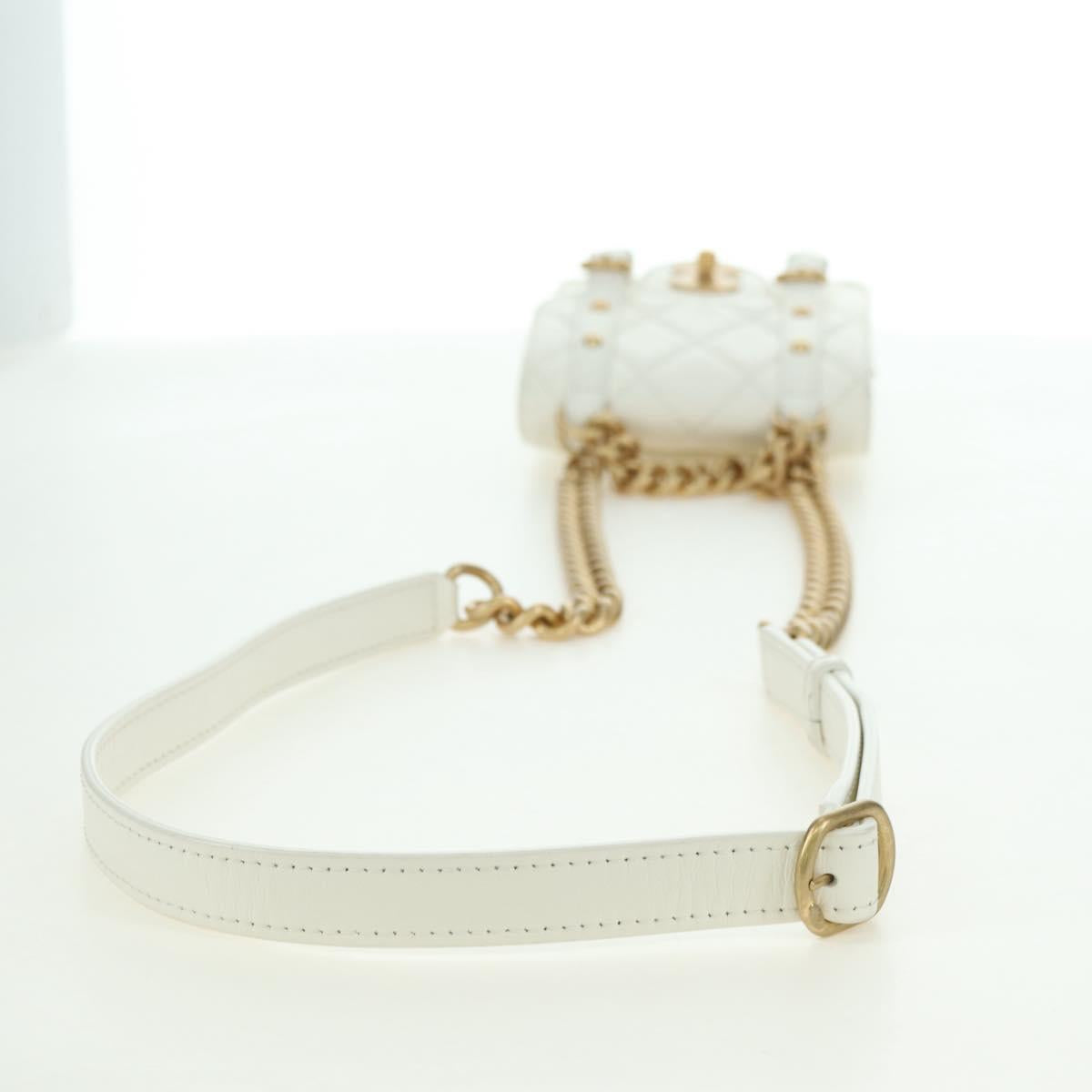 CHANEL Matelasse Chain Shoulder Bag Leather 2way White Gold CC Auth 179581SAM