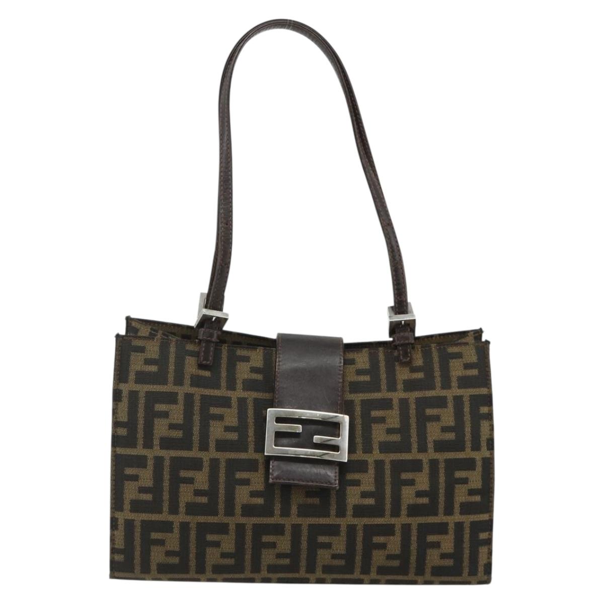 FENDI Zucca Canvas Mamma Baguette Tote Bag Brown Black Auth 179585