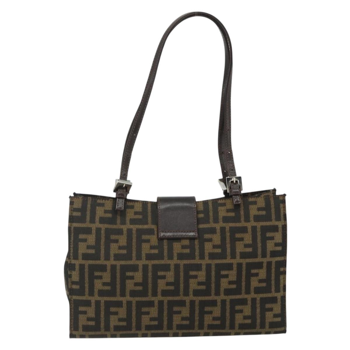 FENDI Zucca Canvas Mamma Baguette Tote Bag Brown Black Auth 179585