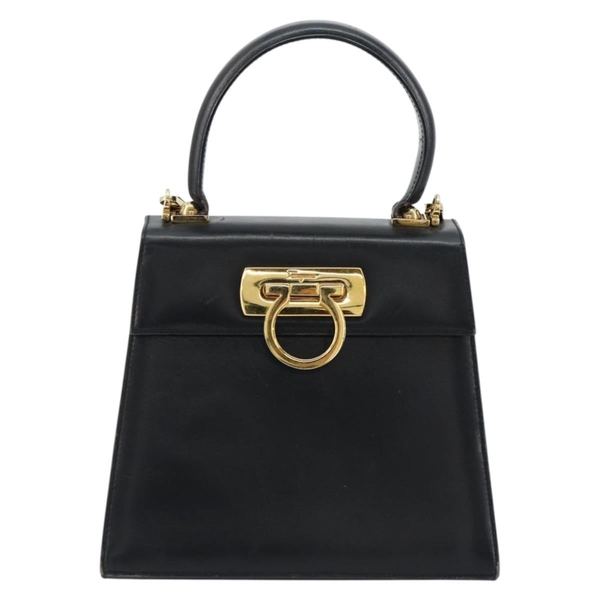 Salvatore Ferragamo Gancini Hand Bag Leather 2way Black Gold Auth 179604