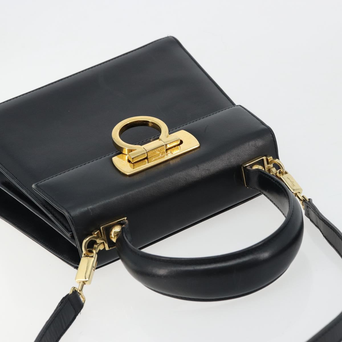 Salvatore Ferragamo Gancini Hand Bag Leather 2way Black Gold Auth 179604