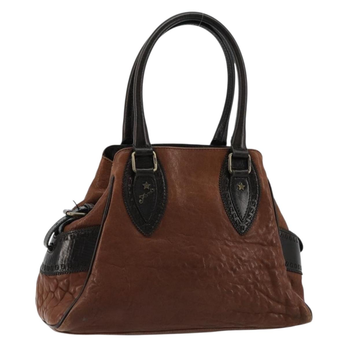 FENDI Enitco Hand Bag Leather Brown Gold Auth 179605A