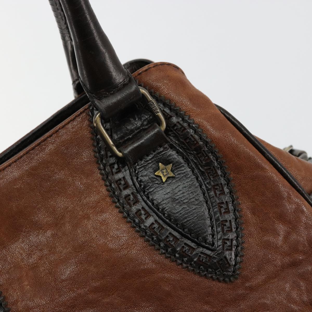 FENDI Enitco Hand Bag Leather Brown Gold Auth 179605A