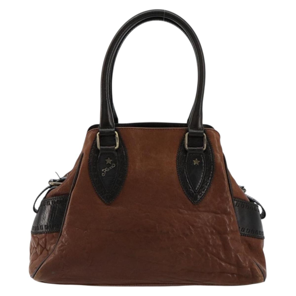 FENDI Enitco Hand Bag Leather Brown Gold Auth 179605A