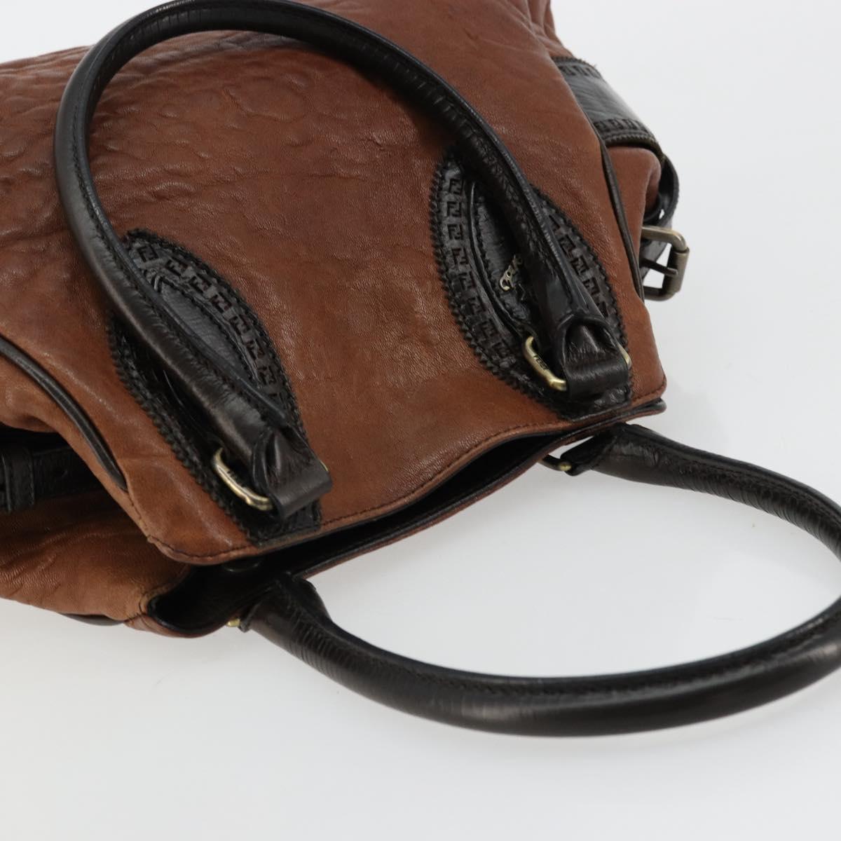 FENDI Enitco Hand Bag Leather Brown Gold Auth 179605A