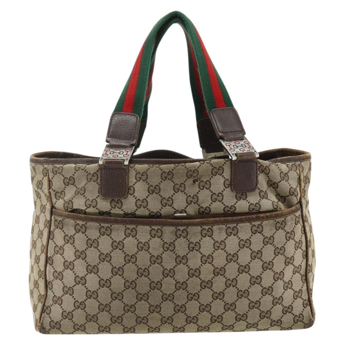 GUCCI GG Canvas Web Sherry Line Hand Bag Beige Silver 145758 Auth 179610