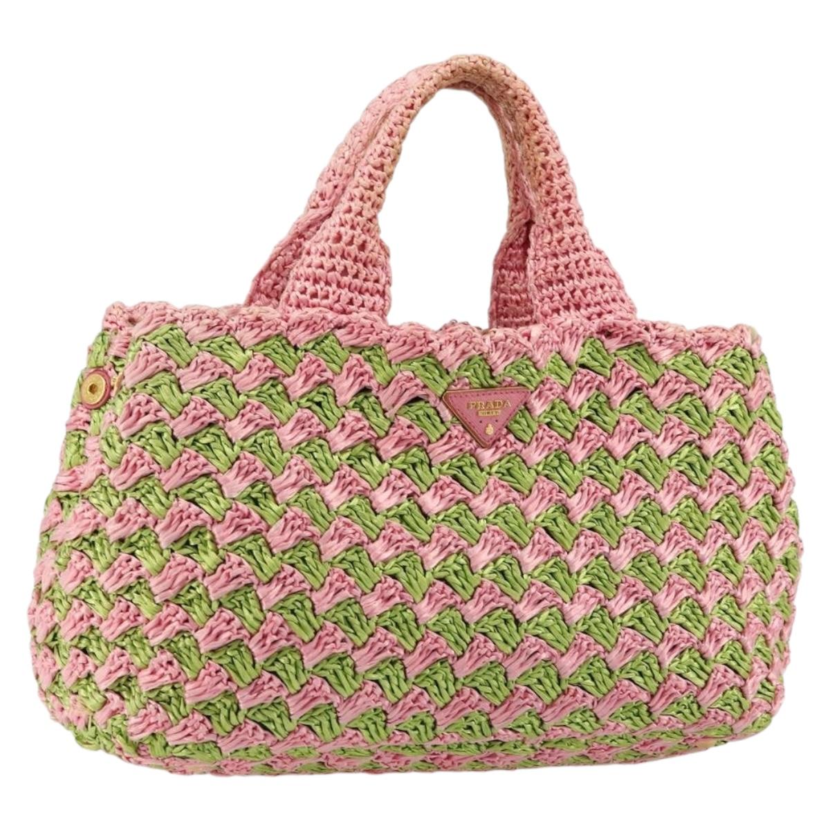 PRADA Canapa M Hand Bag Raffia Pink Gold Auth 179617A