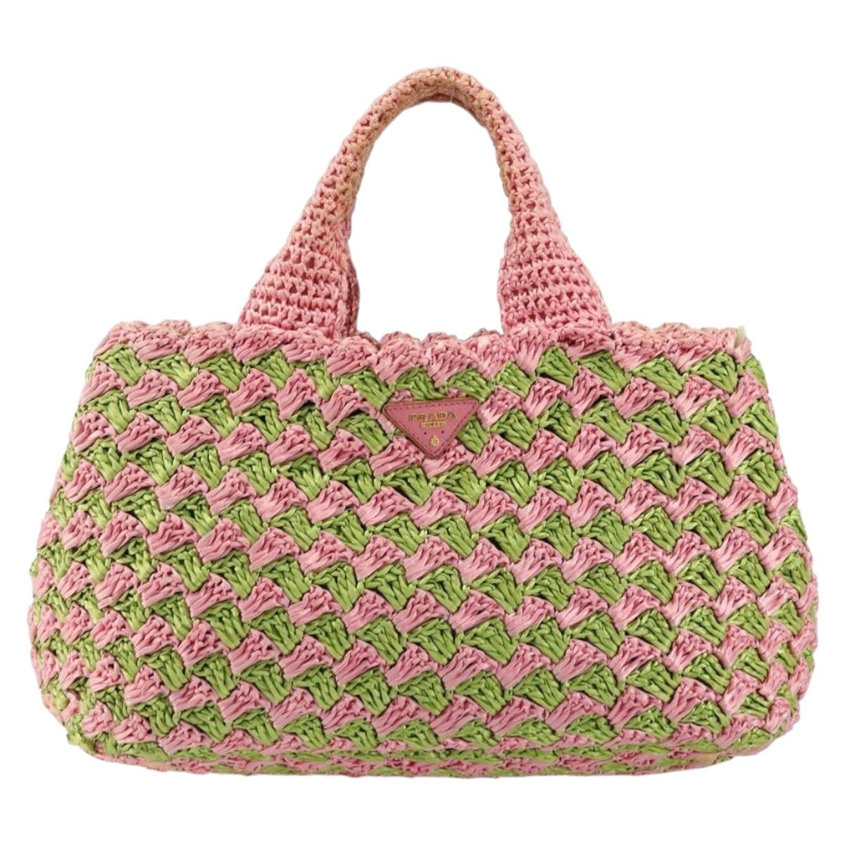PRADA Canapa M Hand Bag Raffia Pink Gold Auth 179617A