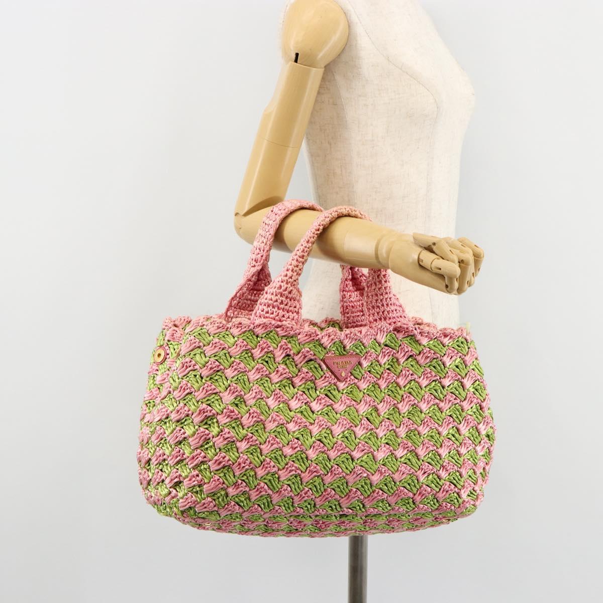 PRADA Canapa M Hand Bag Raffia Pink Gold Auth 179617A