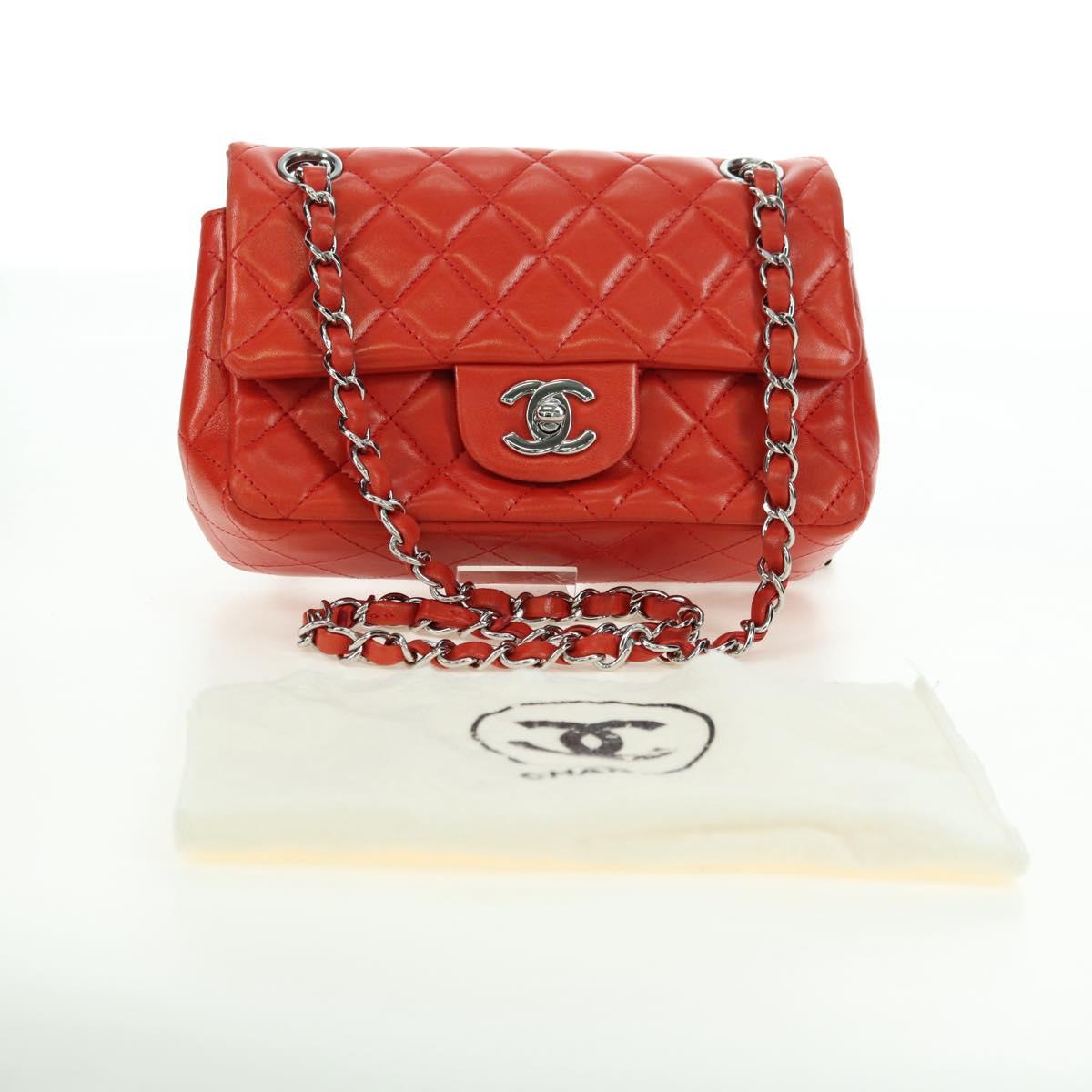 CHANEL Chain Mini Matelasse 19 Bag Lamb Skin Red Silver CC Auth 179620SAV