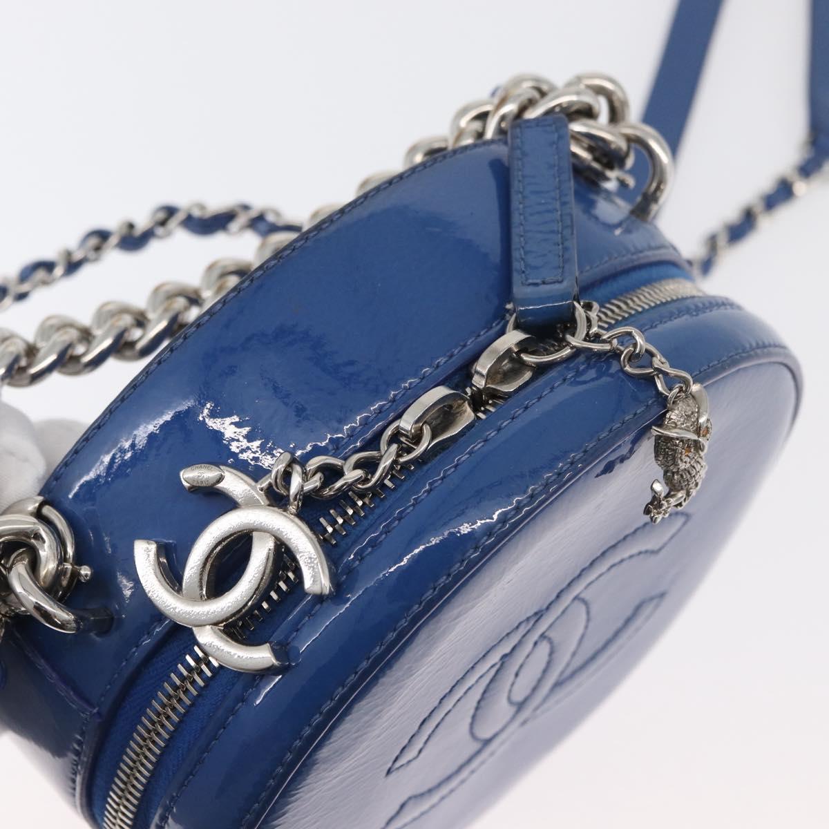 CHANEL Matelasse Chain Shoulder Bag Patent leather Blue Silver CC Auth 179626SAM