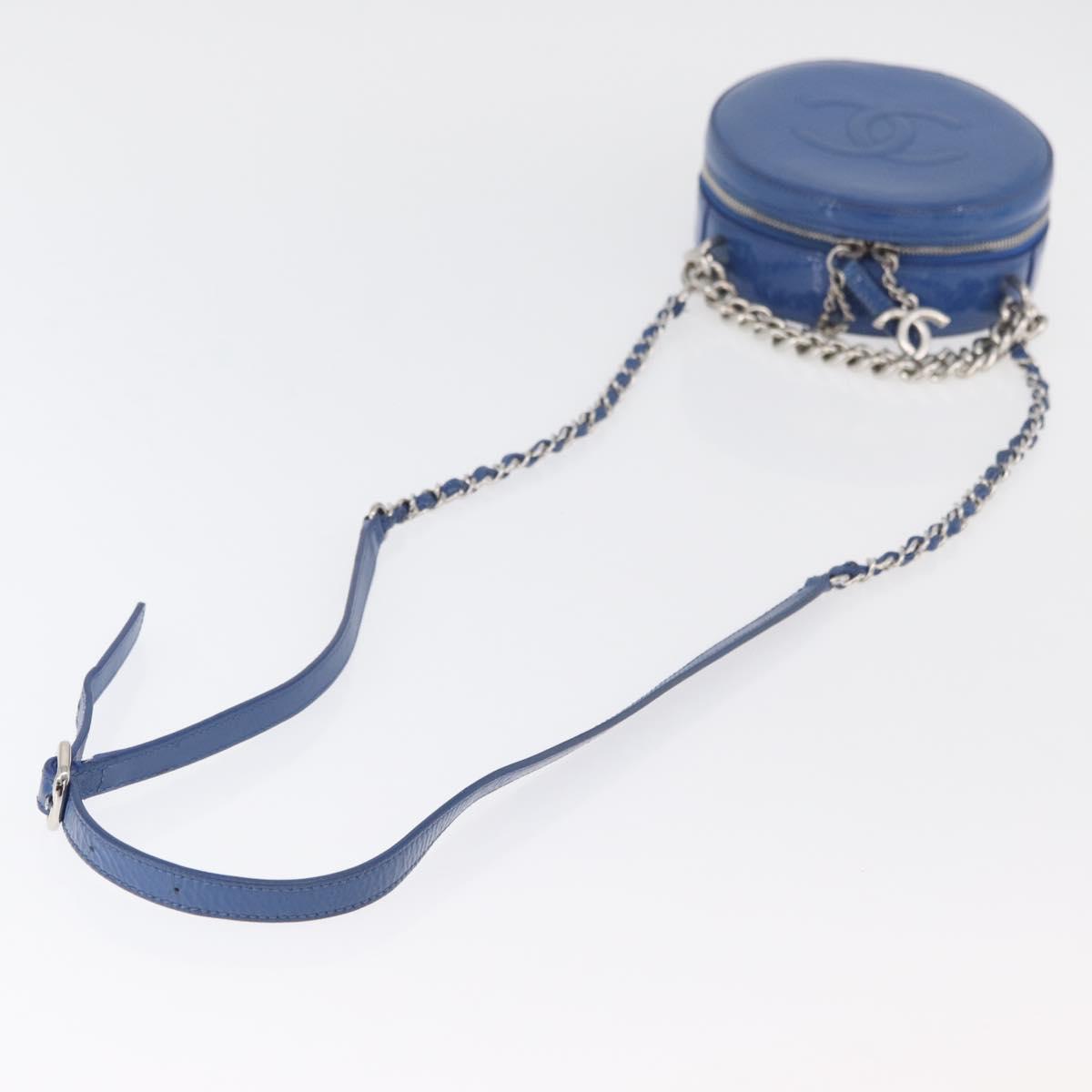CHANEL Matelasse Chain Shoulder Bag Patent leather Blue Silver CC Auth 179626SAM