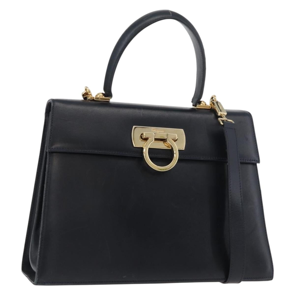 Salvatore Ferragamo Gancini Hand Bag Leather 2way Navy Gold Auth 179637