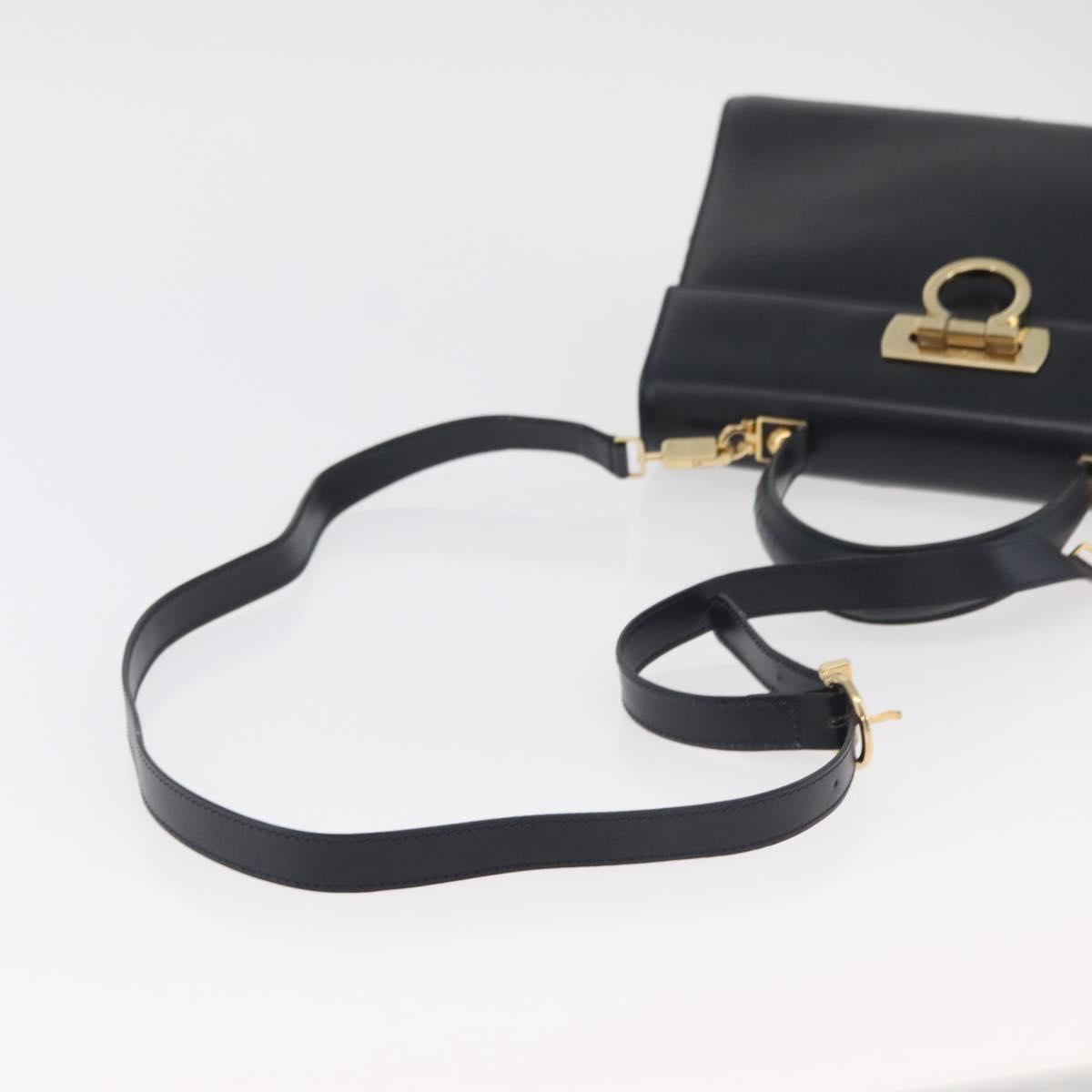 Salvatore Ferragamo Gancini Hand Bag Leather 2way Navy Gold Auth 179637