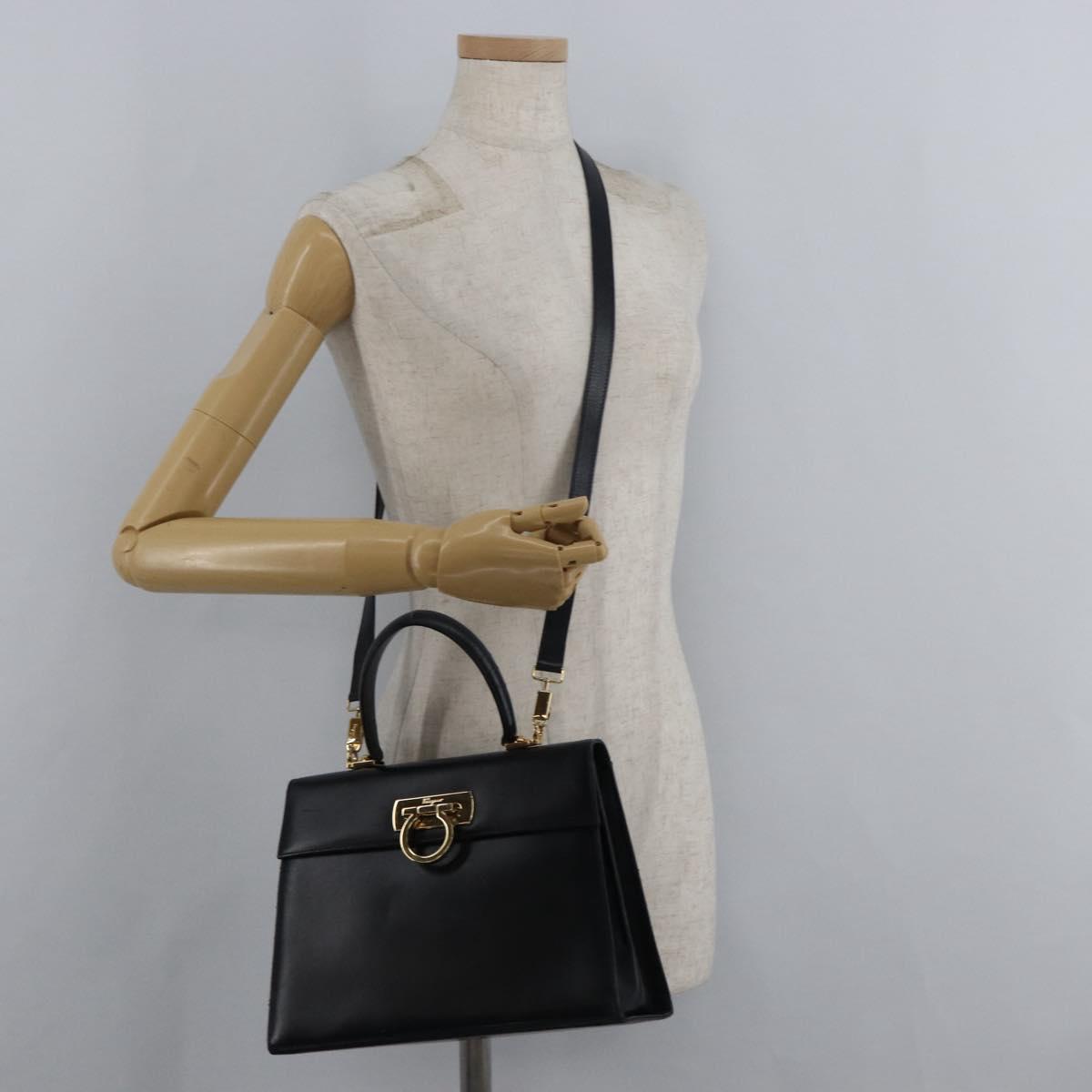 Salvatore Ferragamo Gancini Hand Bag Leather 2way Navy Gold Auth 179637